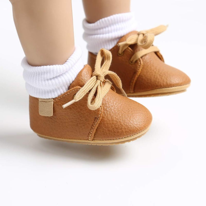 HsdsBebe Baby Boys Girls Oxford Shoes PU Leather Soft Rubber Sole Sneakers Anti-Slip Toddler Ankle Boots Infant Walking Shoes Moccasins(M1976 Brown,3) - Image 5